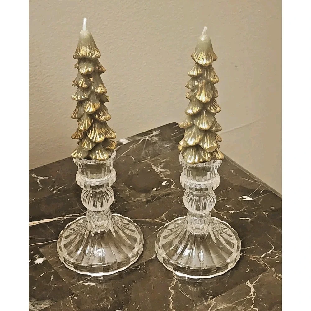 Christmas Tree Candles with Glass Candle Holders Set